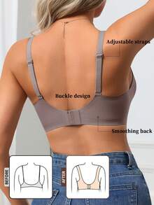 DesireSculpt 1件装女士无缝无钢圈V领文胸，支撑性柔软凝胶衬垫舒适纯色网眼镂空文胸 - 淺灰紫 - 查看 2