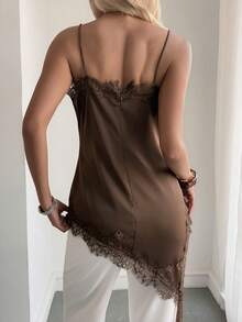 Strévra 蕾丝边无袖长款吊带背心，不对称下摆，时尚棕色，适合情人节、婚礼、派对、正式场合，优雅修身嘉年华风格 - 棕色 - 查看 4