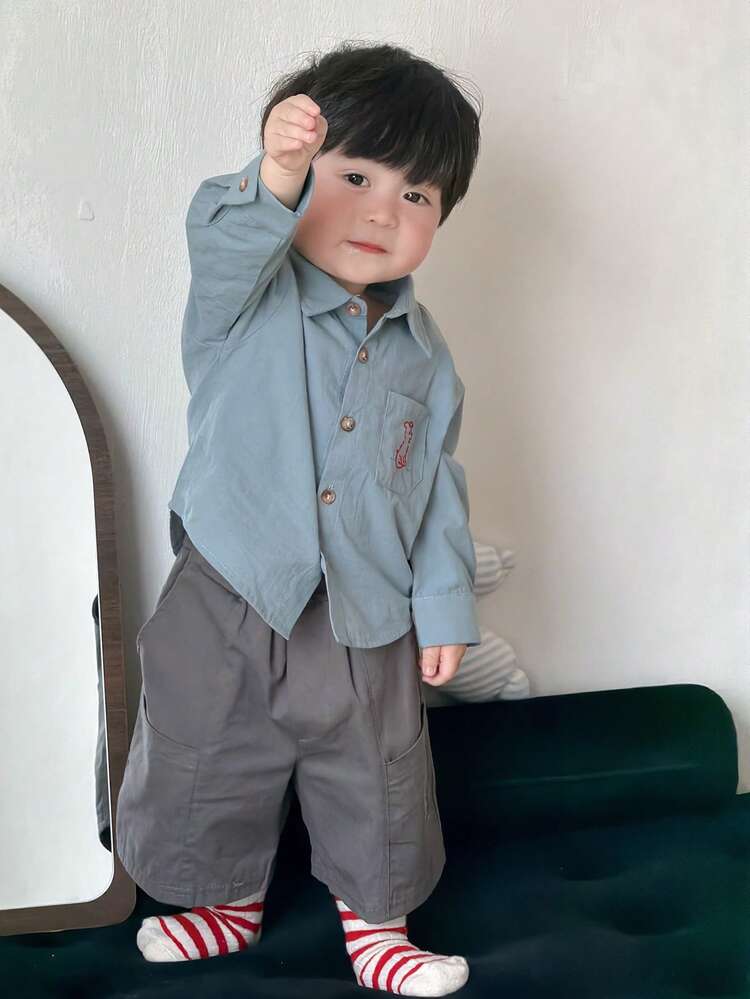 Toddler Boys' Corduroy Collar Cartoon Puppy Embroidery Long Sleeve Top