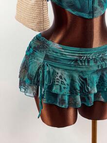 Amplova 2pcs Women Leopard Print Sexy Tie-Dye Halter Top And Ultra Low-Waist Mini Skirt Set - Multicolor - View 8