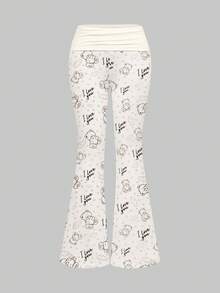 ROMWE Kawaii 2件套女士可爱熊心云朵卡哇伊性感吊带背心和喇叭裤套装 - 米色 - 查看 7