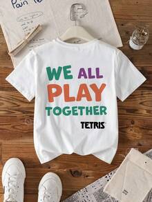 Tetris™ X SHEIN 少女休闲日常通勤游戏字母印花短袖白色T恤，夏季 - 白色 - 查看 2