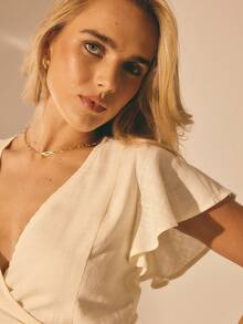 Aralina 女士V领裹身式短袖优雅荷叶边上衣飘逸上衣派对上衣白色上衣沙滩上衣夏季亚麻上衣复古风格上衣 - 米色 - 查看 4