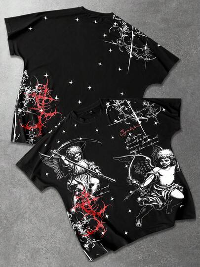 Goth T-shirt à manches chauve-souris imprimé à manches courtes pour hommes, convient pour le port quotidien au printemps/été