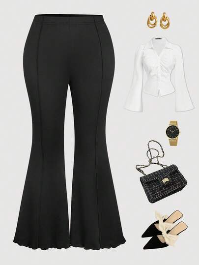 SHEIN MOD Pantalones acampanados con volantes y forro térmico, de talla grande, estilo vintage de los 70. Pantalones largos cómodos para usar en otoño, invierno, primavera y verano.