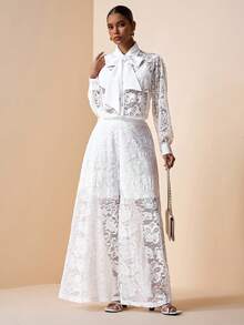 Zivah 2025秋季新款音乐节蕾丝拼接系领优雅长袖上衣和裤子套装 - 白色 - 查看 4