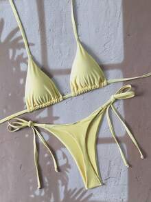 Swim Vcay 女士纯色露背系带性感丁字裤比基尼套装 - 鵝黃色 - 查看 7