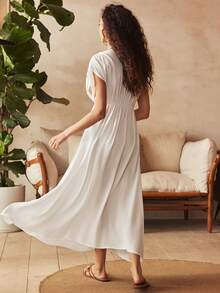Lullawish Women's Bohemian Casual Tie-Up Ruched V-Neck Loose Comfortable Loungewear Dress - White - View 5