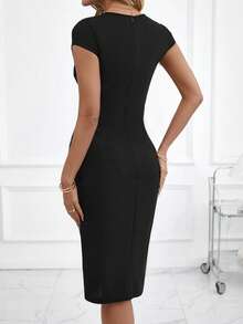 Ellevyn Women's Round Neck Hooded Short Sleeve Knit Dress, Stretchy Fitted Bodycon With Metal Zipper PU Splice Slit, Elegant For Daily Wear, Commute, Office, Spring/Summer Elegant Dresses For Women Summer Outfits Black Dress Summer Dress Women Bodycon Dress Black Sexy Dress Women Black Curve Dress Split Thigh Dress Sexy Curve Dress - Black - View 2