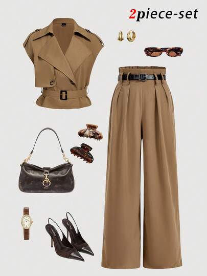 SHEIN MOD Women's Casual Commuter Vest & Pants Suit, Spring Outfit Women, Elegant, Two Pieces Set Women, Valentine Outfits For Women, Elegant Women's Set, Casual Outfit For Women, Summer Vacation Outfits, Brown Set, Retro Set, Country Outfits, Versatile Sleeveless Linen Belted, Short Windbreaker Vest And High Waist Wide Leg Pant, Mocha Brown, Teacher Outfits For Women, Retro, Going Out Set