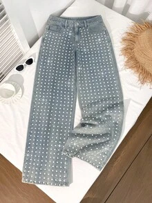 Comfortcana 女士时尚通勤牛仔裤，饰有珍珠，适合夏季、假期、春季、情人节、生日等各种场合，也适合外出、度假、休闲等场合，亦可作为Y2K风格牛仔裤穿着。闪亮牛仔裤，时尚女式牛仔裤，通体镶满水钻设计。 - 深色水洗藍 - 查看 7