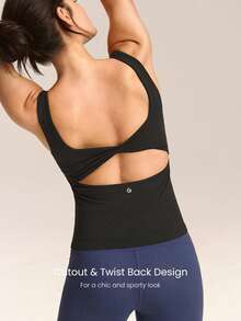 GLOWMODE FeatherFit™ Soft Win Buttery-Soft Sweetheart Neck Twisted Open Back Removable Cups Long Tank Top Low Impact Yoga Studio Daily Wear - Black - View 3