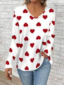EMERY ROSE 大码女式V领长袖宽松T恤，心形印花，休闲简约，适合春秋季穿着，情人节礼物 - 彩色 - 查看 3
