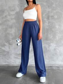 SHEIN Tall Cotton Tall Size Solid Elastic Waist Straight Leg Pants - Navy Blue - View 5