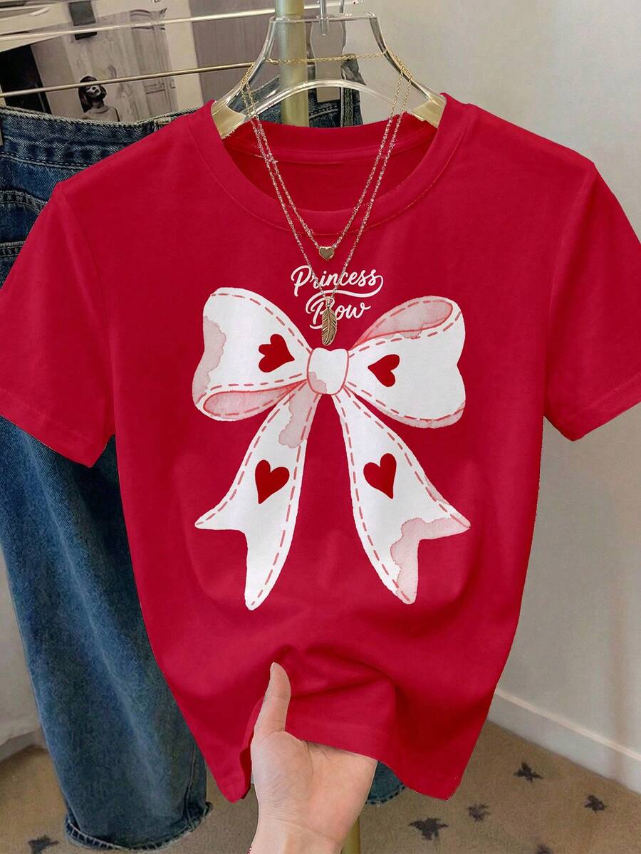 SHEIN LUNE 情人节红色日期上衣，心形图案蝴蝶结情侣休闲简约圆领短袖宽松女式T恤