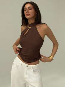 Aloruh Elegant Retro Metal Accessory Versatile Solid Color Camisole - Coffee Brown - View 6