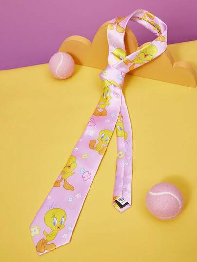 LOONEY TUNES X SHEIN 1 chiếc cà vạt họa tiết cánh hoa và gà con hoạt hình dễ thương, màu hồng