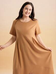 Momelise Đầm dệt kim màu trơn dáng rộng bất đối xứng dành cho nữ cỡ lớn - Nhiều màu - Xem 6