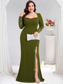 Coutiva 大码优雅串珠装饰高开衩正式晚礼服 - 橄欖綠 - 查看 5