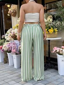 GalTyme 大码女式荷叶边腰带条纹阔腿宽松休闲裤 - 綠色 - 查看 2