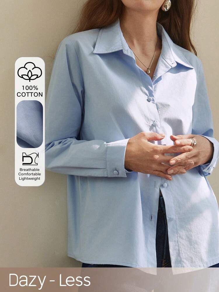 Spring/Summer Solid Color Casual Poetic Old Money Design Office/Commute Long Sleeve Blue Ladies Shirt Business Casual Woman