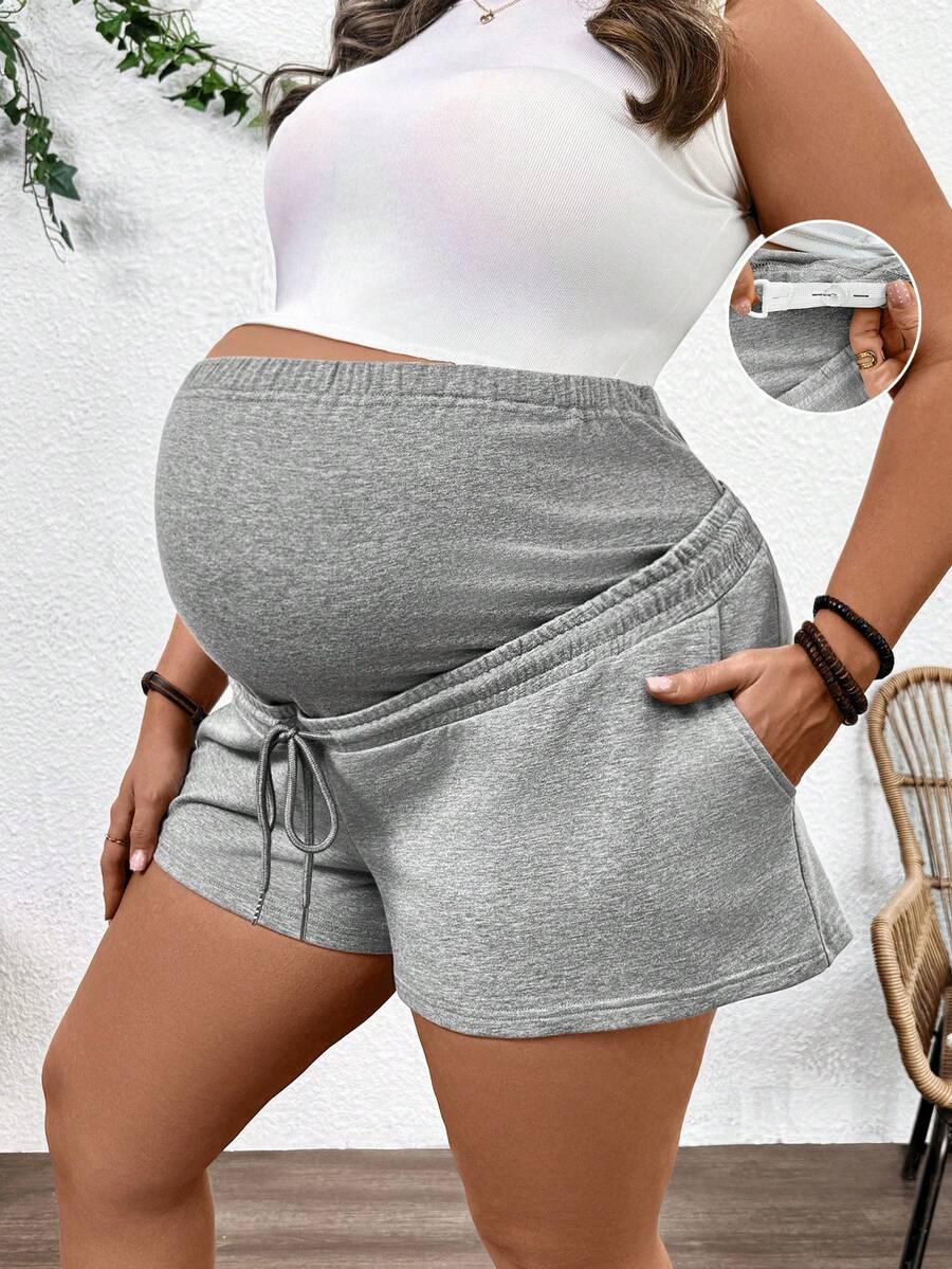 SHEIN 孕妇加大码纯色可调节腰带口袋休闲短裤 - 灰色 - 查看 1