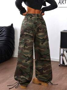 SHEIN Tall Damen Mode Straßen Lässig Camouflage Weite Bein Denim Cargo Jeans für Frauen Y2K - Armeegrün - Übersicht 7