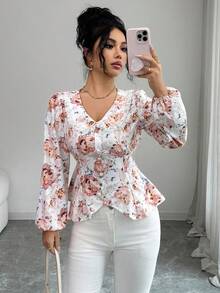 Selianne Women's Ditsy Floral Puff Sleeve Collared Waist Gathered A-Line Blouse, Countryside Style Top