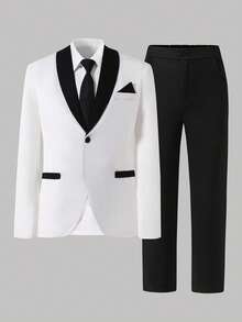 Young Men's Elegant White And Black Contrast Tuxedo Style Suit Long Sleeve Regular Fit For Special Occasions Teen White Formal Suit Teen Formal Suit Boys Tuxedo Suit White Tuxedo Teen Boy Boys Wedding Suit - Black and White - View 3