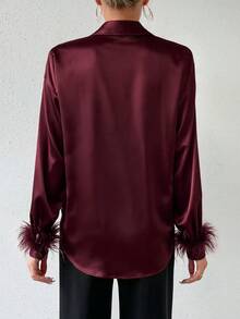 Chiquease Women's Casual Patchwork Fuzzy Cuff Button Front Shirt, Autumn - Burgundy - View 2