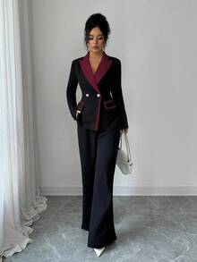 Elenzga Bộ vest nữ cao cấp phối màu thanh lịch gồm áo blazer và quần ống loe, gồm 2 mảnh, phù hợp cho công sở, đi làm và mặc hàng ngày. - Màu Đỏ Sâu - Xem 4