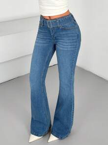 SHEIN Cottnline Low Waist Belted Flare Jeans - Medium Wash - View 7