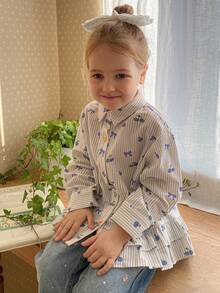 DAZY Young Girl Striped Bow Print Long Sleeve Ruffle Hem Cute Blouse Spring - Multicolor - View 1