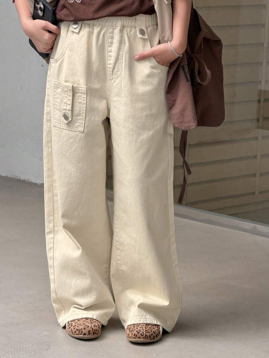 Dazy Kids Vaqueros holgados, casuales y versátiles de pierna ancha con bolsillos para niñas preadolescentes - Caqui - Ver 1