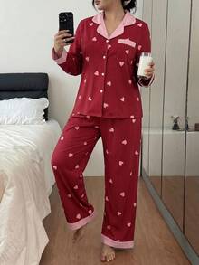 SHEIN 加大码撞色领荷叶边爱心条纹长袖睡衣套装 - 紅色 - 查看 4