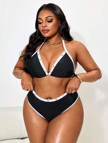 Slaydiva Plus Size Women Sexy Bikini 2 Pieces Set, Halter Neck, Fashionable Gold Lemon Print, Beach Party Swimwear - Black and White - View 5