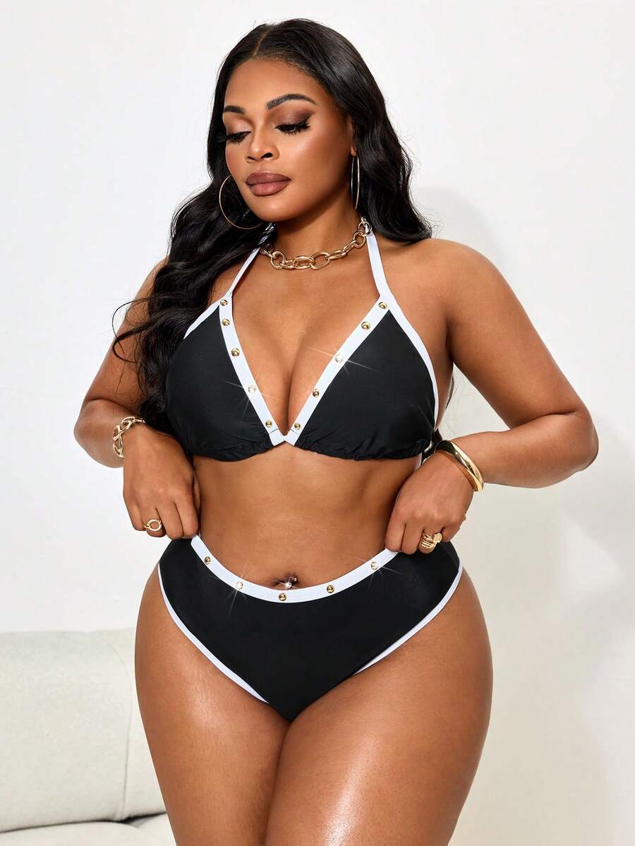 Slaydiva 大码女士性感比基尼两件套，挂脖式，时尚金色柠檬印花，沙滩派对泳装 - 黑與白 - 查看 1