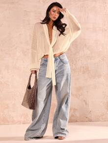 SHEIN Glamour 女士蕾丝薄纱休闲衬衫 V领长袖雪纺衬衫 杏色雪纺喇叭袖长袖女式衬衫 - 杏色 - 查看 3