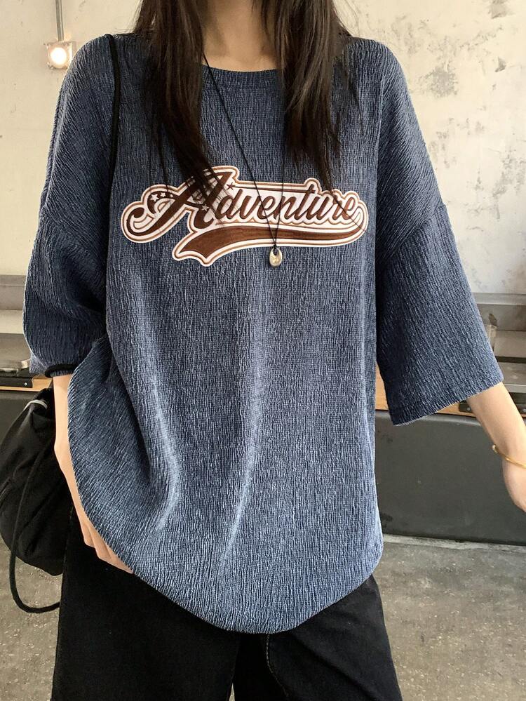 Women's Round Neck Letter Embroidered Casual Loose Fit Commuting Long Sleeve T-Shirt Graphic Tees Women