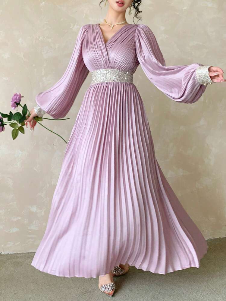 Spring & Summer Sparkling Rhinestone & Sequin Colorblock Deep V-Neck Waist Cinched Midi Dress, Fashion Party Cocktail Wedding Guest Gown Wedding Guest Dress Sundress