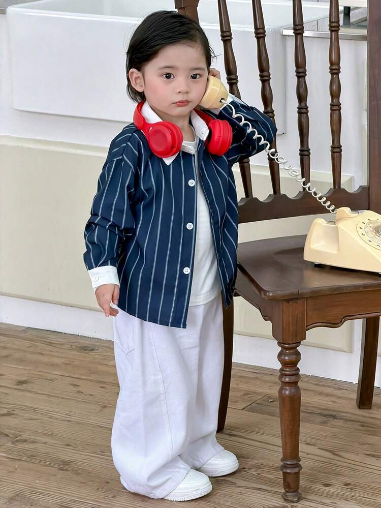 Toddler Boys' Casual Loose Fit Colorblock Striped Long Sleeve Shirt