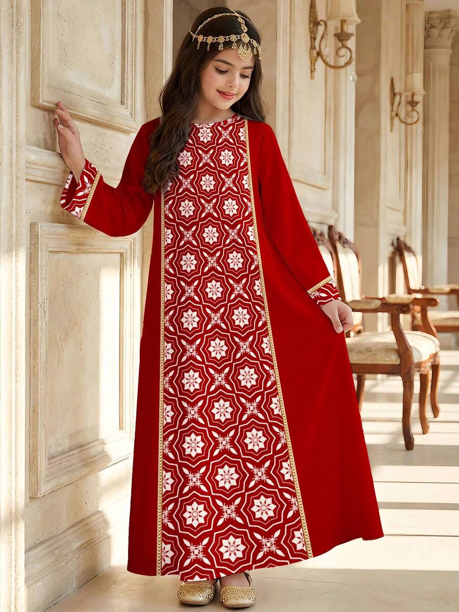 Áo Abaya cầu nguyện màu đỏ lựu, họa tiết hoa truyền thống, màu vàng tương phản, váy dài tay dáng rộng kín đáo thường ngày cho bé gái, váy dài tay thanh lịch, áo Abaya cầu nguyện cho trẻ em, thoải mái dễ chịu, trang phục thường ngày, áo Kaftan kín đáo, áo Jalabiya cho trẻ em, kiểu dáng mới, áo Jalabiya họa tiết hoa cho bé gái. - Nhiều màu - Xem 1