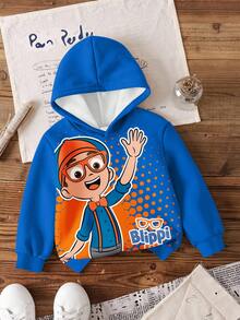 Blippi X SHEIN 男童休闲卡通图案保暖卫衣，秋冬季 - 白色 - 查看 1