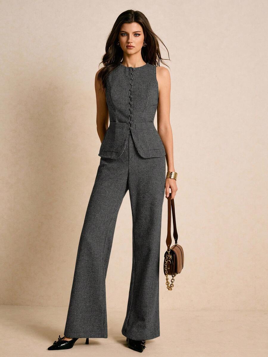 Poéselle 女士休闲、工作、通勤千鸟格印花修身背心和喇叭裤两件套，春夏秋季 - 深灰色 - 查看 1