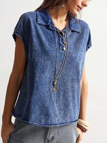 Bohemela 波西米亚风度假情人节音乐节休闲纯色针织开襟宽松水洗女式T恤 - 藍色 - 查看 5