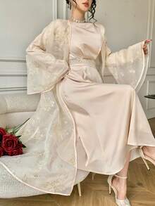 DAZY Women's Elegant Rhinestone Embellished Round Neck Dress With Flare Sleeves Shirt, 2 Pieces Set, Spring/Summer - Apricot - View 1