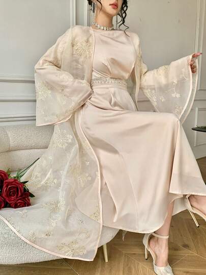 DAZY Elegant damklänning med strassutsmyckning och rund halsringning, skjorta med utsvängda ärmar, 2-delat set, vår/sommar