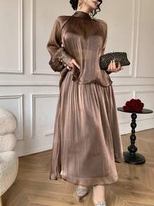 DAZY 女士优雅纯色系带领衬衫和半裙两件套，春夏款，婚礼宾客礼服 - 咖啡棕 - 查看 5