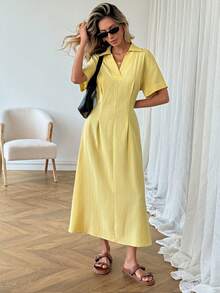 SHEIN LUNE Đầm ngắn tay xếp ly màu trơn dáng ôm dành cho nữ, trang phục cơ bản hàng ngày cho mùa xuân/hè. - Màu vàng ngỗng - Xem 1