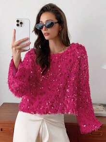 Elyressa 1pc Fashionable Fluffy Sequin European Design Loose Relaxed Fit Crew Neck Pullover Sweater, Cropped Soft & Cozy Elegant Women Winter Outfit - Hot Pink - View 4